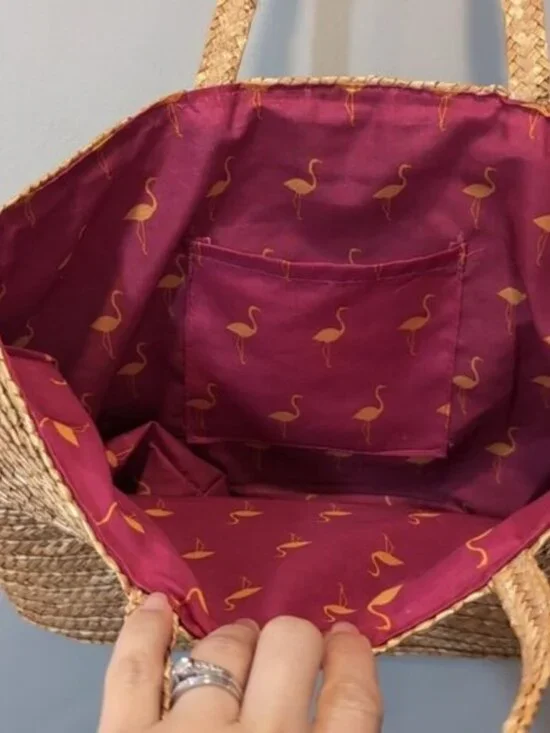 FAF INC. Natural Straw Tote Beach Travel Picnic Shopper Bag Pink Flamingo - Picture 5 of 14